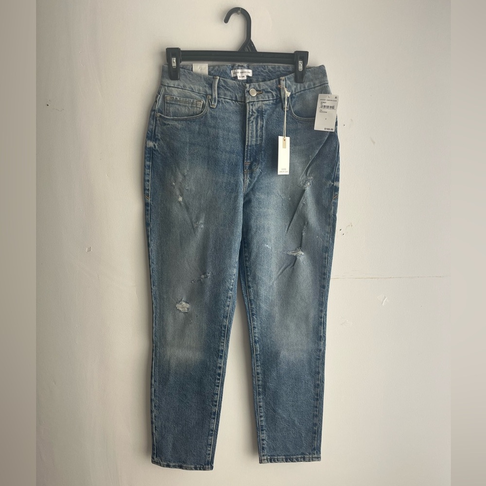 Good American Good Classic High Rise Distressed Slim- Straight Jeans, Size: 2 - Picture 4 of 9
